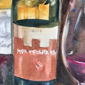 Wine Tasting Original Watercolor Still Life, glass reflections, Wine Bottles and Glasses, Italian wines, Crock, Small Italian painting image 4