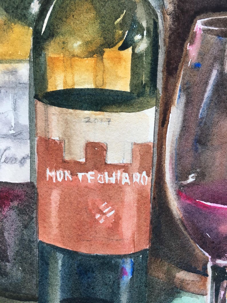 Wine Tasting Original Watercolor Still Life, glass reflections, Wine Bottles and Glasses, Italian wines, Crock, Small Italian painting image 4