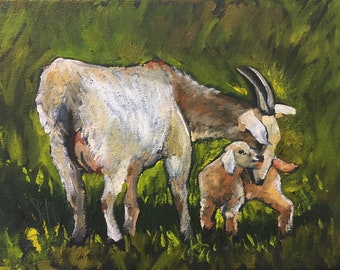 Nanny Goat and Kid Original Oil on Canvas, Goat Farm Landscape oil painting, nursery wall decor