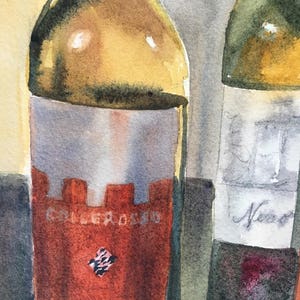 Wine Tasting Original Watercolor Still Life, glass reflections, Wine Bottles and Glasses, Italian wines, Crock, Small Italian painting image 6