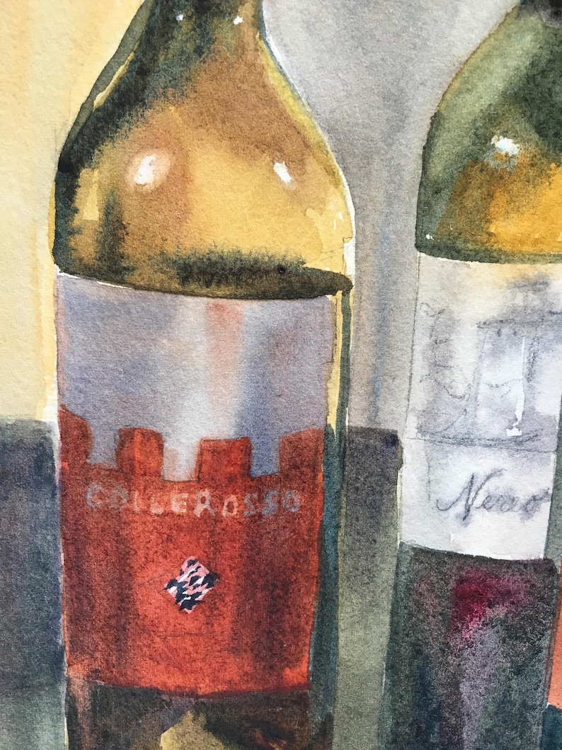 Wine Tasting Original Watercolor Still Life, glass reflections, Wine Bottles and Glasses, Italian wines, Crock, Small Italian painting image 6