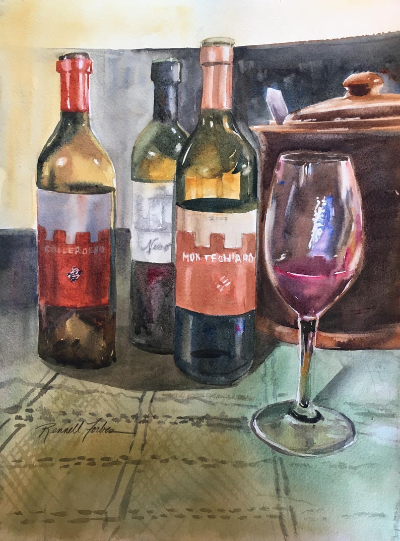 Wine Tasting Original Watercolor Still Life, glass reflections, Wine Bottles and Glasses, Italian wines, Crock, Small Italian painting image 1