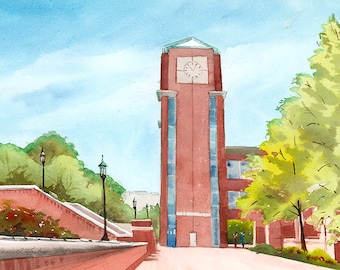 UNC Charlotte Clock Tower Original Watercolor University of North Carolina Charlotte SFA watercolour college art original university art UNC