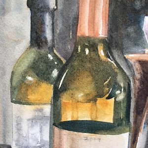 Wine Tasting Original Watercolor Still Life, glass reflections, Wine Bottles and Glasses, Italian wines, Crock, Small Italian painting image 5