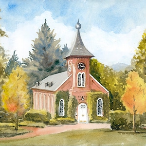May include: A watercolor painting of a red brick building with a clock tower and ivy growing on the walls. The building is surrounded by trees with green and yellow leaves. The building is set against a blue sky with white clouds.