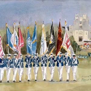 VT Buruss Hall Watercolor: Virginia Tech Color Guard Art Print