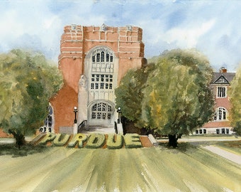May include: A watercolor painting of a brick building with a large arched doorway. The building is surrounded by green trees and a grassy lawn. The word "PURDUE" is spelled out in large green letters on the lawn.