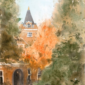 Georgia Tech Original Watercolor, GA Institute of Technology Tower Painting, Atlanta College Landscape Painting