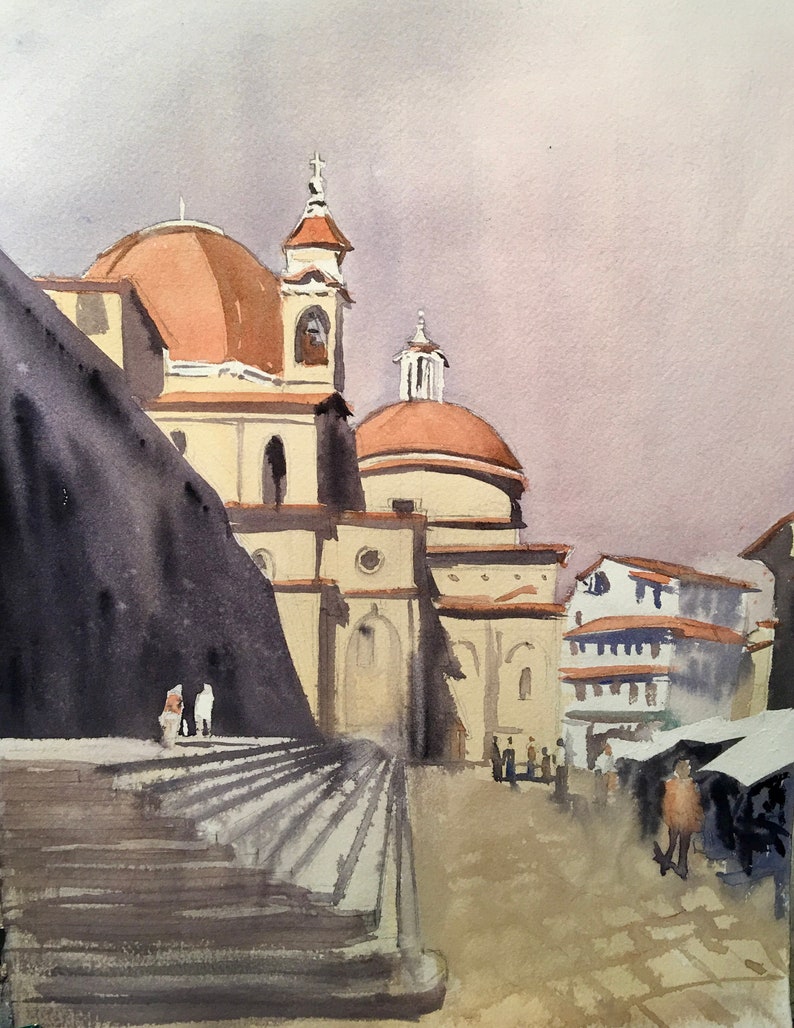 Florence Duomo Original Watercolor, Tuscany Italy, Shoppers by the Duomo, Florence Italy Landscape image 1