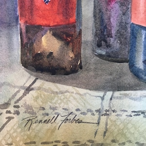 Wine Tasting Original Watercolor Still Life, glass reflections, Wine Bottles and Glasses, Italian wines, Crock, Small Italian painting image 2