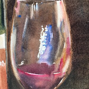 Wine Tasting Original Watercolor Still Life, glass reflections, Wine Bottles and Glasses, Italian wines, Crock, Small Italian painting image 3