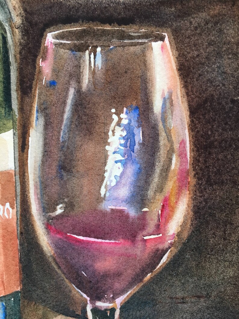 Wine Tasting Original Watercolor Still Life, glass reflections, Wine Bottles and Glasses, Italian wines, Crock, Small Italian painting image 3