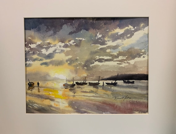 ビーチサンライズ水彩画：海岸の海景アート（11x15インチ、マット付き