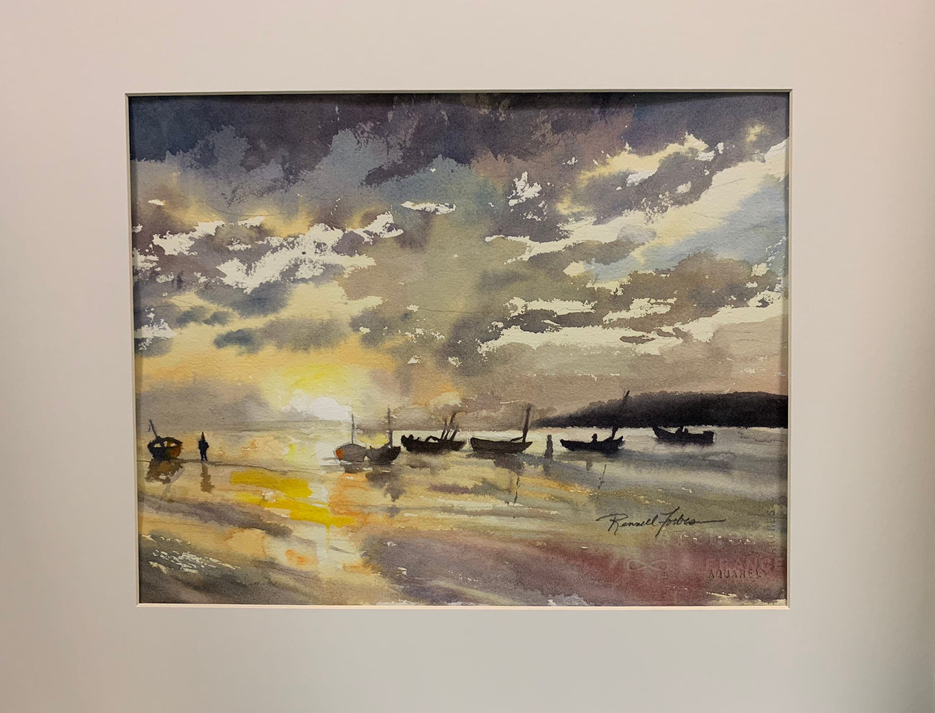 ビーチサンライズ水彩画：海岸の海景アート（11x15インチ、マット付き
