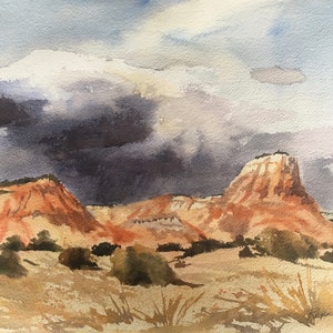 Showers Over Abiquiu Landscape near Ghost  Ranch, Original Watercolor Painting, Big Sky, Western Art,Santa Fe NM Painting, Dessert Art Decor