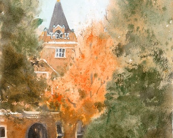 Georgia Tech Tower Giclee Print, Limited Edition Watercolor Art, Graduation Gift