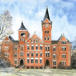 Auburn University Print Samford Hall Limited Edition 200 hand signed giclee college print of watercolor Auburn Tigers War Eagle Orange Blue