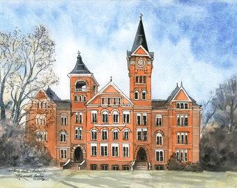 Auburn University Print Samford Hall Limited Edition 200 hand signed giclee college print of watercolor Auburn Tigers War Eagle Orange Blue