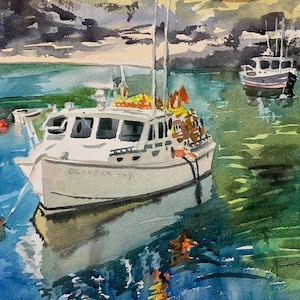 Maine Lobster Boat Watercolor Painting: Beach House Seascape Art