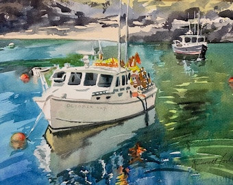 Maine Lobster Boat Watercolor Painting: Beach House Seascape Art