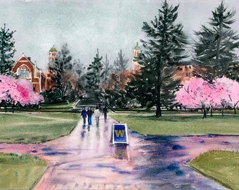 University of Washington Art Print, U Wash Hand signed giclee print, University of WA Print, Seattle Art, Quad Cherry Blossoms, Pink blossom