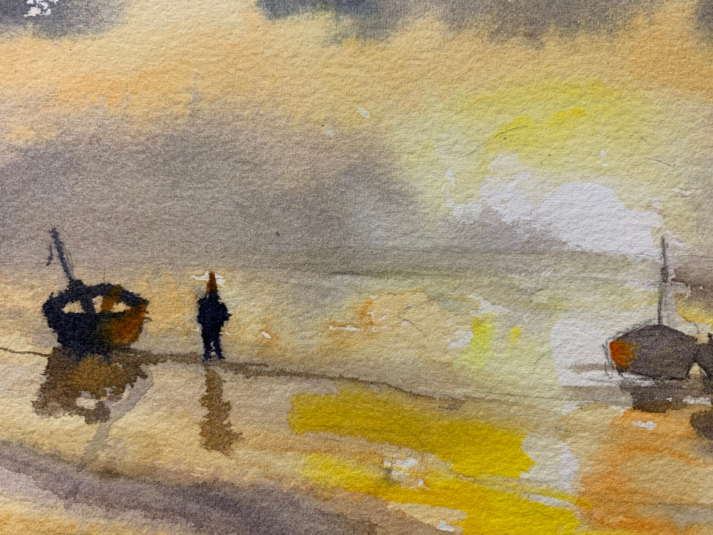 水彩画(海景)№43 ビーチサンライズ水彩画：海岸の海景アート（11x15インチ、マット付き