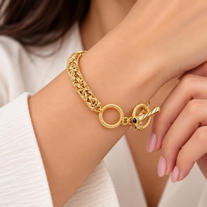 18K Gold Byzantine Chain Bracelet 166 Gram, Solid Yellow Gold Woven Link Bracelet, Black Crystal Toggle Clasp, Heavy Luxury Gold Bracelet
