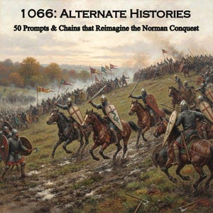以下が含まれることがあります： 「1066: Alternate Histories, 50 Prompts & Chains that Reimagine the Norman Conquest」というタイトルのブックカバー。イラストは、鎖帷子を身にまとい、盾と剣を持って泥だらけの丘を駆け上がる中世の騎士たちの戦闘シーンを描いています。