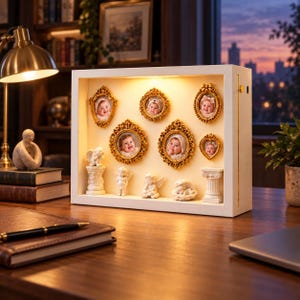 May include: A white rectangular shadow box display case featuring internal warm lighting. Inside are six ornate gold-toned frames containing baby portraits and five small white cherub figurines arranged on the base of the display.