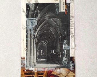 Collage original sin marco, Catedral de Saint Etienne, Botticelli, Francia, Renacimiento, Arquitectura abstracta, Técnica mixta, Obra de arte pequeña