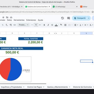 May include: A Google Sheets interface titled Sistema de Control de Rentas displaying financial data. It features blue headers for Total Ingresos at 2,700.00 €, Total Gastos at 2,200.00 €, and Ganancia Neta Real at 500.00 €, plus a red and blue pie chart.