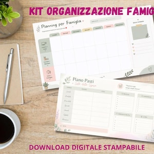 Può includere: Un kit di organizzazione familiare con due fogli di pianificazione stampabili dai toni pastello. Un foglio è un planner settimanale per la famiglia, l'altro è un piano pasti con lista della spesa. Il testo include Planning per Famiglia e Piano Pasti.