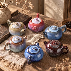 Op de afbeelding: Een collectie van zes kleine keramische theepotten met glanzende, meerkleurige reactieve glazuren. Elke theepot heeft een afgerond lichaam, een bijpassend deksel met een kleine knop, een gebogen tuit en een handvat in diverse kleuren.