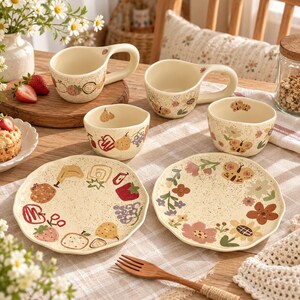 May include: A set of two cream-colored ceramic mugs, two small bowls, and two plates, all featuring a speckled finish. The items are decorated with colorful illustrations of various fruits, flowers, and butterflies in a hand-painted style.