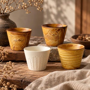 May include: Three ceramic cups with a tapered shape. Two cups feature a warm, mottled amber glaze, with one displaying an embossed cat face and the other a cat figure. The third cup is off-white with a vertical, repeating leaf-like texture.