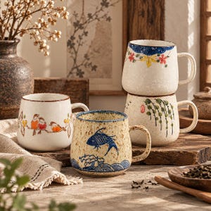 May include: A collection of four ceramic mugs with speckled finishes. One mug features a blue fish and wave design, another shows birds on a branch, one displays floral patterns, and the fourth depicts green willow branches with a red seal mark.