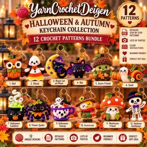 May include: A digital collection of 12 crochet patterns for Halloween and autumn themed keychains, featuring an owl, ghost, black cat on a moon, bat, acorn, snail, cauldron, spider, teacup, scarecrow, mushroom, and skeleton, with step-by-step instructions.