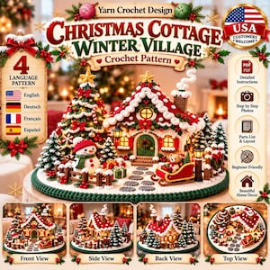 May include: A crochet pattern titled Christmas Cottage Winter Village featuring a festive scene with a crocheted cottage, Christmas tree, snowman, and sleigh. The display includes detailed instructions, step-by-step photos, and a parts list.