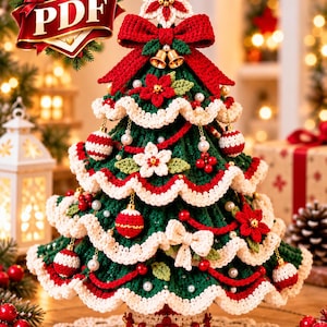 May include: A crochet Christmas tree pattern PDF featuring a dark green tree with ruffled cream edges, adorned with red and white crocheted ornaments, red berries, white flowers, gold bells, and a large red bow at the top with a star topper.