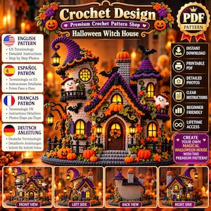Pode incluir: Um padrão de crochê para uma casa de bruxa de Halloween com uma estrutura de vários andares, telhados roxos, abóboras laranja, fantasmas e morcegos. O design inclui etiquetas de texto para instruções em vários idiomas e ícones de PDF.