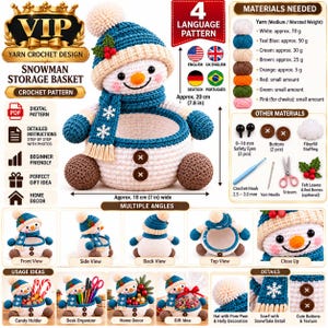 May include: A crochet pattern for a snowman storage basket, featuring a white snowman with a teal hat, scarf with snowflake details, and brown feet. The pattern includes material lists, 20 cm height, 18 cm width, and multiple views.