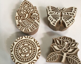 Handmade Large Handcarved Wooden Stamp / Block (Pick 1): Ganesha , Butterfly, Round Floral , or Big Flower Motifs