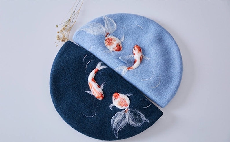 Needle Felted French Beret Hat: Koi and Gold Fish | Etsy