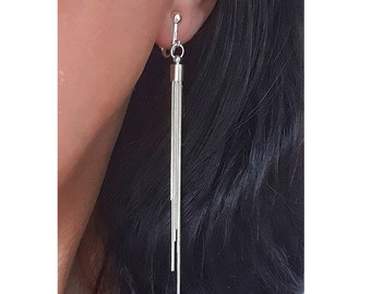 long ear clips clip, tassel chain silver chain earrings, ear clip jewelry, no piercing of ears, without piercing