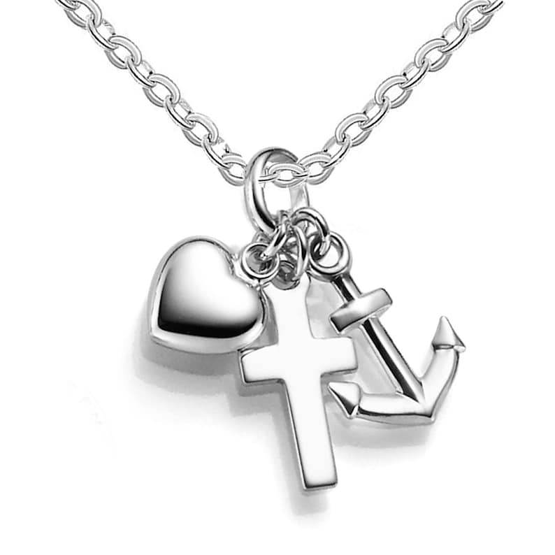 May include: A silver-colored necklace with a chain and three charms: a heart, a cross, and an anchor. The charms are all made of a shiny, reflective metal. The necklace is displayed against a white background.
