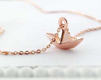 Chain paper boat boat origami 925 sterling silver rose gold rose gold plated necklace, charm pendant jewelry