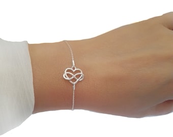 Pulsera de plata de ley con corazón infinito, amistad, amor eterno, auténtica plata de ley 925, pulsera de la amistad, infinito, ajustable.