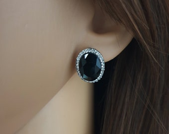 Ohrclips oval schwarz silber Kristall Ohr Clip, Schmuck | keine Ohrlöcher durchbohren