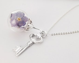 Forget-me-not & key necklace 925 silver forget me not necklace jewelry 35-80 cm choose the desired length