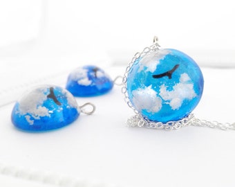 Clouds sky bird necklace, sky cloud necklace, blue sky jewelry, terrarium bird, falcon, eagle,unique gift